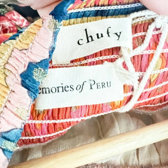 Chufy Memories of Peru Colourful Ethnic Print Off The Shooulder Chiffon Dress L - Picture 5 of 7